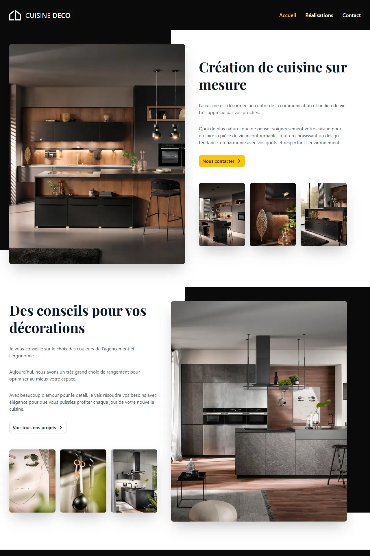 Page d’accueil de cuisinedeco.fr sur ordinateur : titre « Création de cuisine sur mesure » et photo d’une cuisine noire et bois