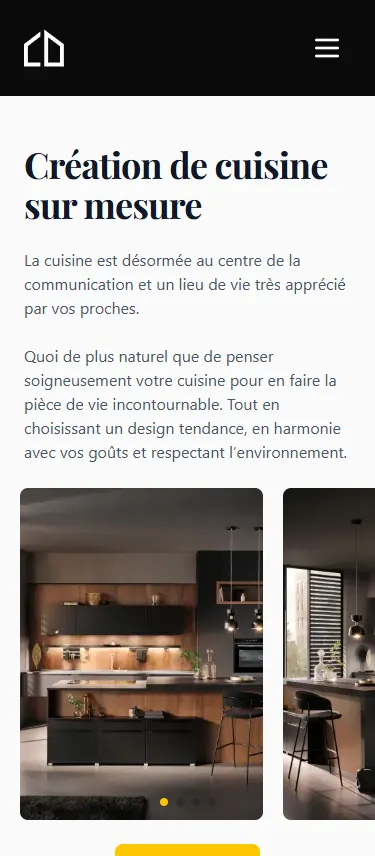 Page d’accueil de cuisinedeco.fr sur mobile : titre, texte d’introduction et carrousel de photos