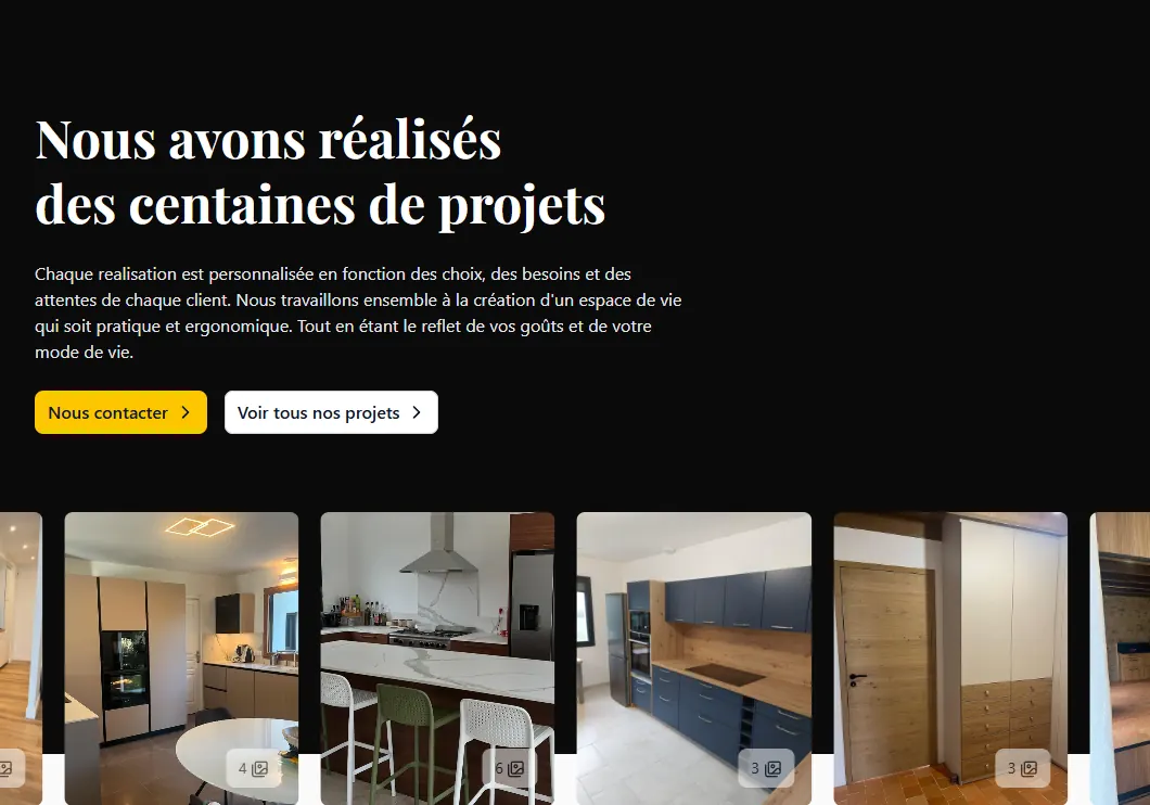 Carrousel « Nous avons réalisé des centaines de projets » de l’accueil de cuisinedeco.fr : défilement de photos de cuisines et de rangements