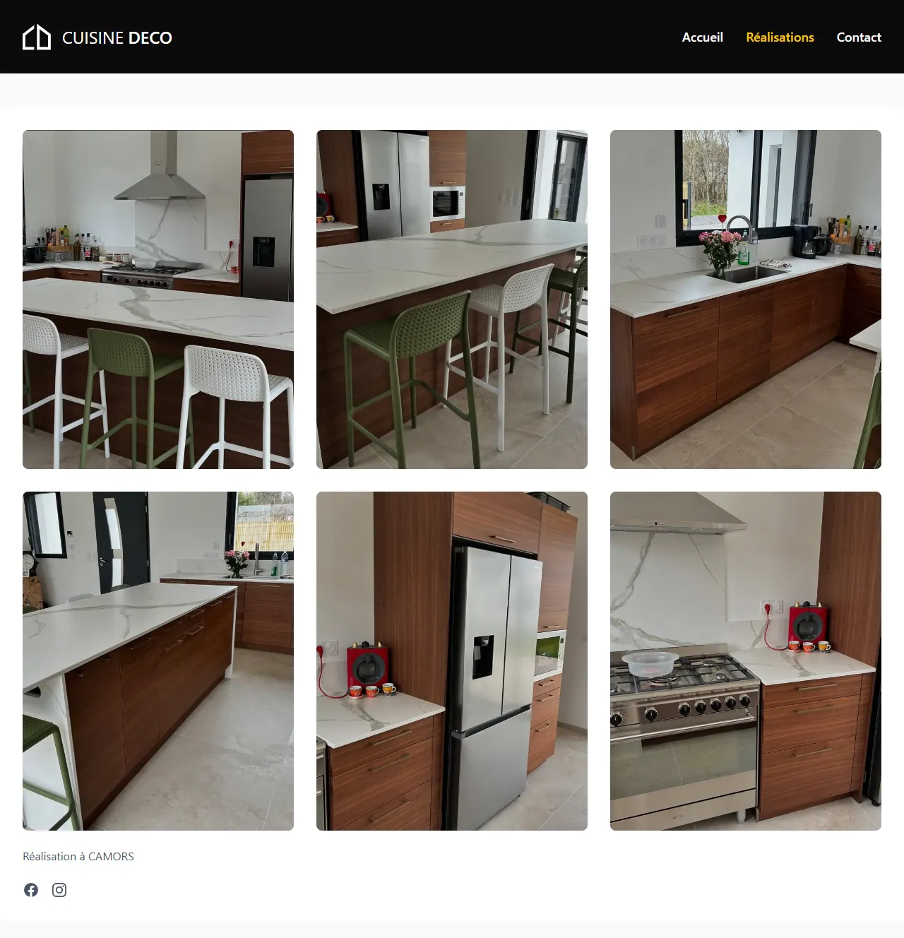 Page complète d’une fiche projet de cuisinedeco.fr : galerie de photos d’une cuisine avec îlot en plan de travail marbré
