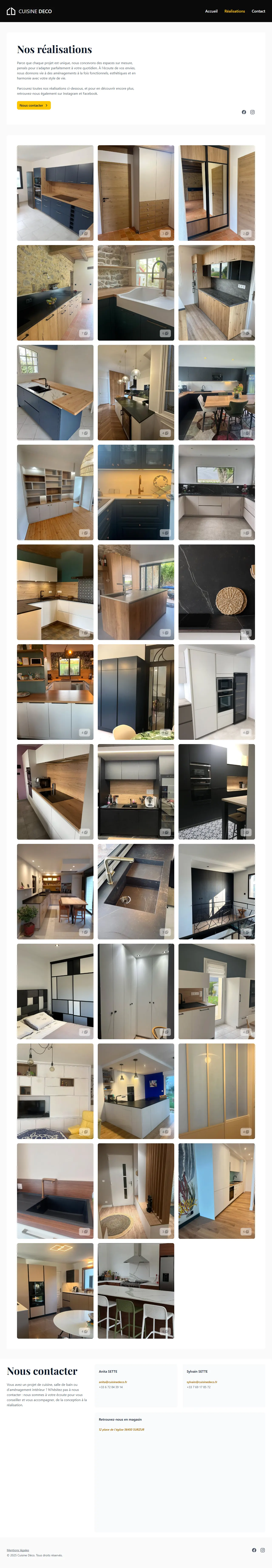 Page Réalisations de cuisinedeco.fr en entier : présentation puis grille de photos de cuisines et de rangements sur mesure