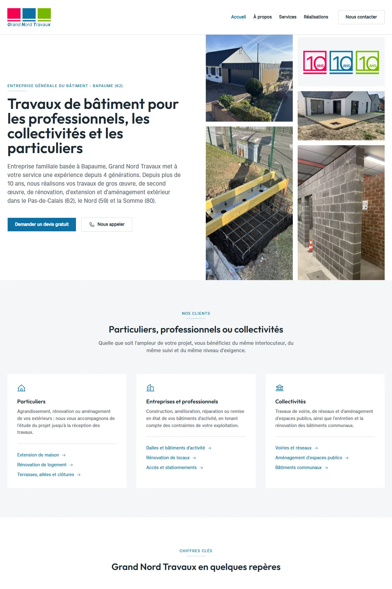 Page d’accueil du site grandnordtravaux.fr sur ordinateur : titre « Travaux de bâtiment pour les professionnels, les collectivités et les particuliers » et mosaïque de photos de chantiers