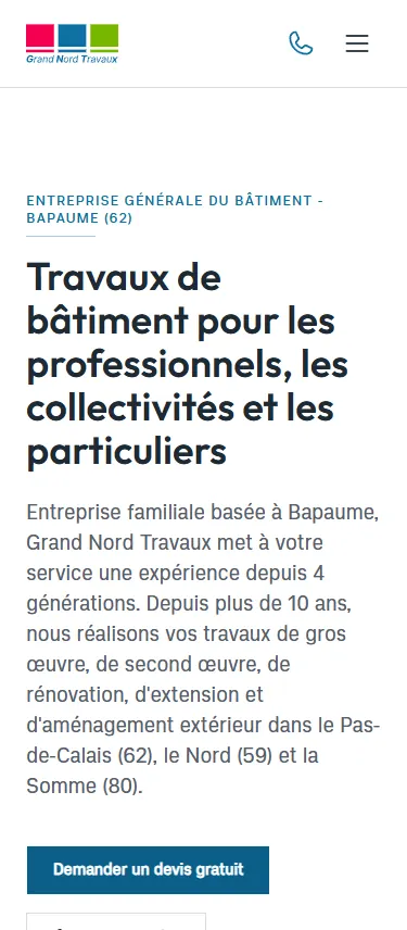 Page d’accueil de grandnordtravaux.fr sur mobile : logo, titre et présentation de l’entreprise
