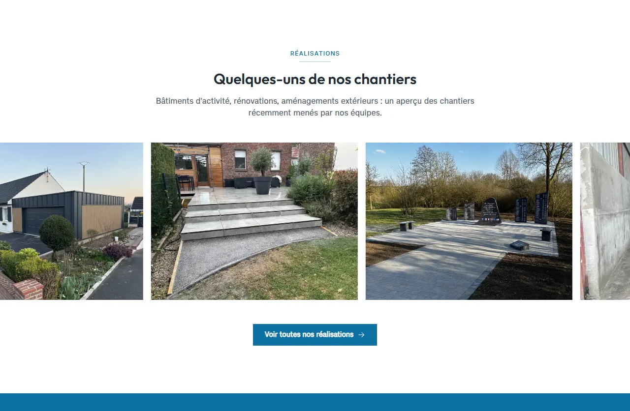 Carrousel « Quelques-uns de nos chantiers » de l’accueil de grandnordtravaux.fr : défilement de photos de chantiers (garage à ossature bois, terrasse, site commémoratif)