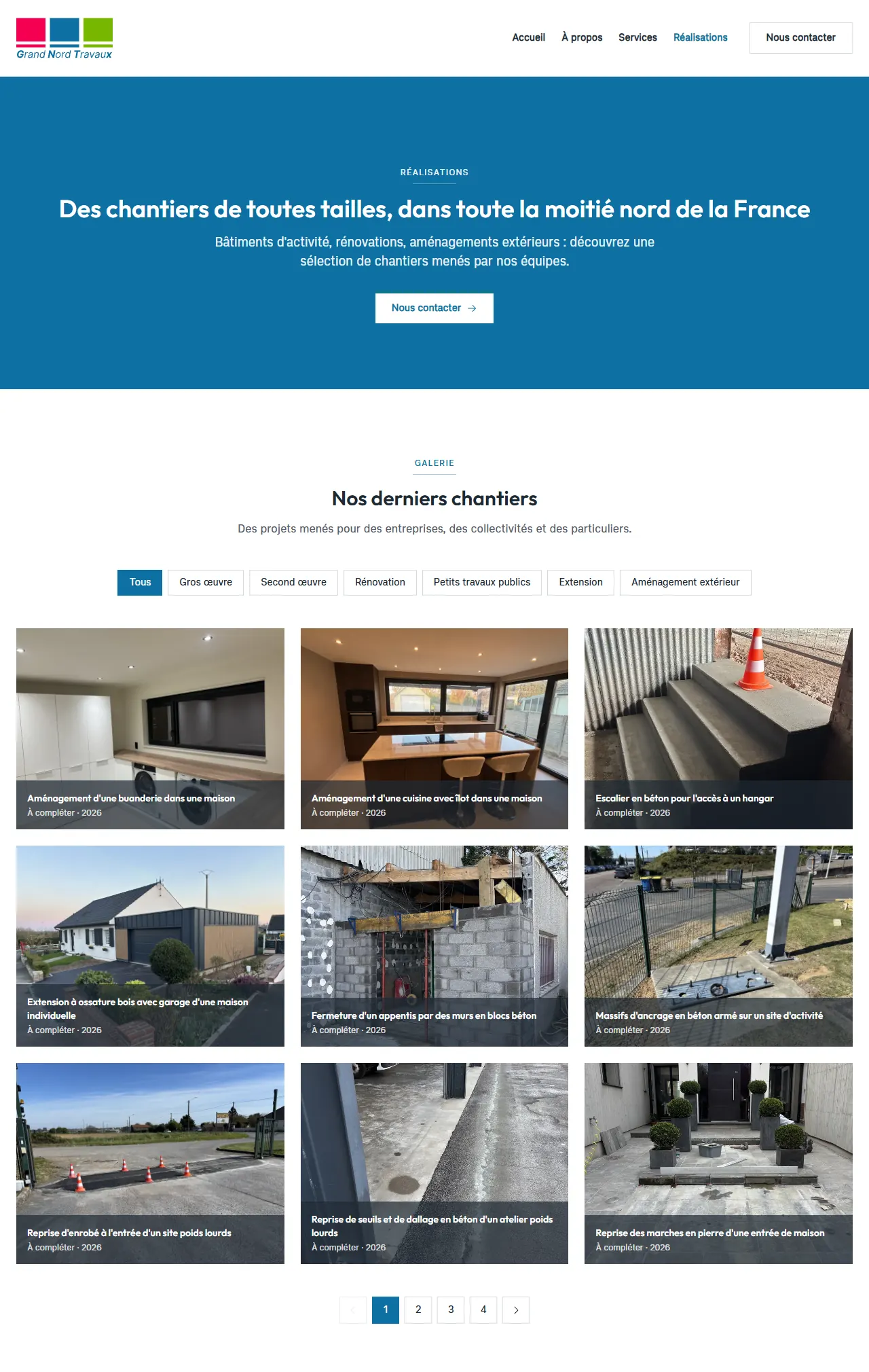 Page Réalisations de grandnordtravaux.fr : filtres par type de travaux puis grille de photos de chantiers avec pagination
